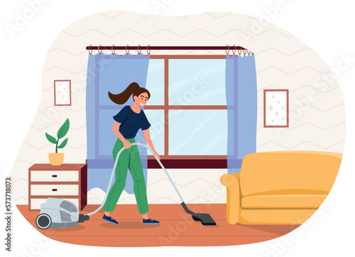 Woman vacuuming floor. Young girl cleaning apartment. Cleanliness and hygiene, routine and household chores. Home Activity, girl washing living room, housekeeping. Cartoon flat vector illustration