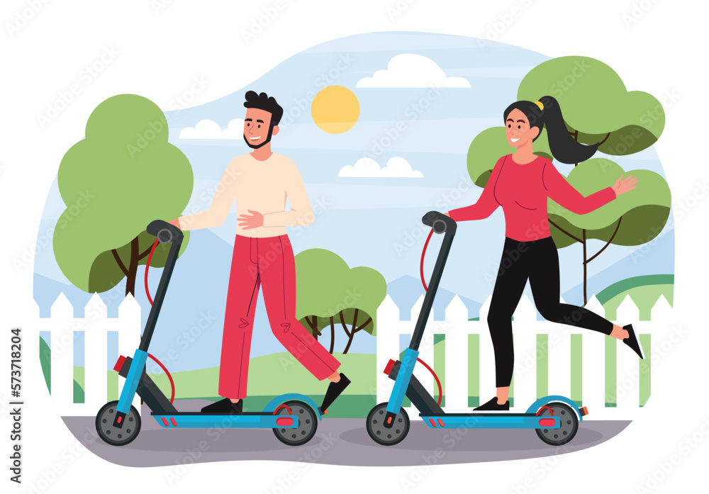Walk on scooters. Man and woman outdoors in city park. Active lifestyle and travel, weekend leisure activity. People driving electric scooters, eco transport. Cartoon flat vector illustration