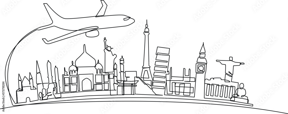 Continuous one line drawing air plane with famous world landmarks. World traveler Concept. Single line draw design vector graphic illustration.