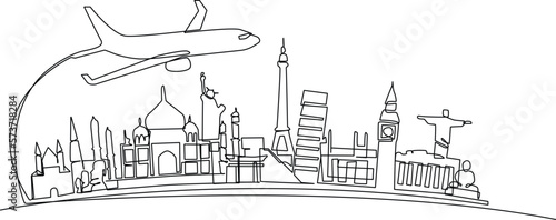 Continuous one line drawing air plane with famous world landmarks. World traveler Concept. Single line draw design vector graphic illustration.