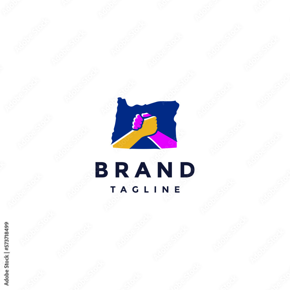 Two Hands Joined On The Map Of Oregon State Logo Design. Union Symbol