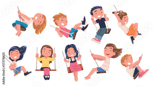 Smiling kids swinging on swing set. Happy little boys and girls having fun on playground cartoon vector illustration