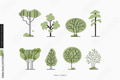 Side view, set of green graphics trees elements outline symbol for architecture and landscape design drawing. Natural icon. Vector illustration