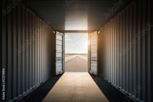 Looking through a shipping container  doors open. Generative AI