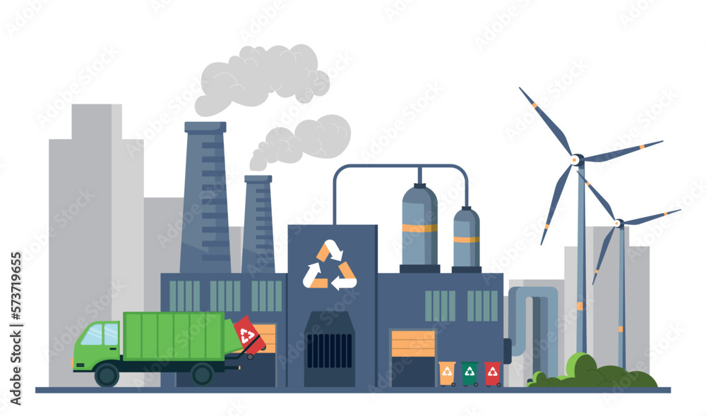 Waste processing concept. Truck brings colorful containers to station. Reuse and reduction of hazardous waste emissions into atmosphere, alternative energy sources. Cartoon flat vector illustration