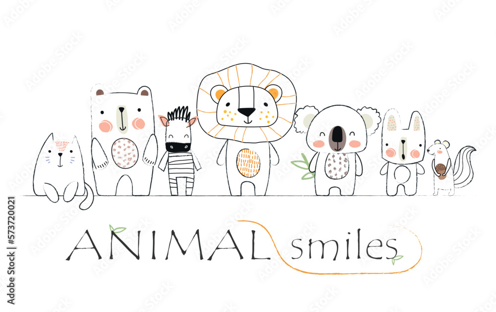 Fototapeta premium Animals line banner. Adorable cat, bear, zebra, lion, hare, koala and squirrel. Design element for invitation and greeting postcard. Wild life and fauna, nature. Cartoon flat vector illustration