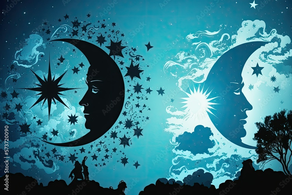 Sun and moon silhouettes against a blue sky background. Star studded ...