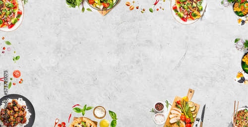 Fotografi Mix Vegetables and food dishes at grey texture background - set of different mea