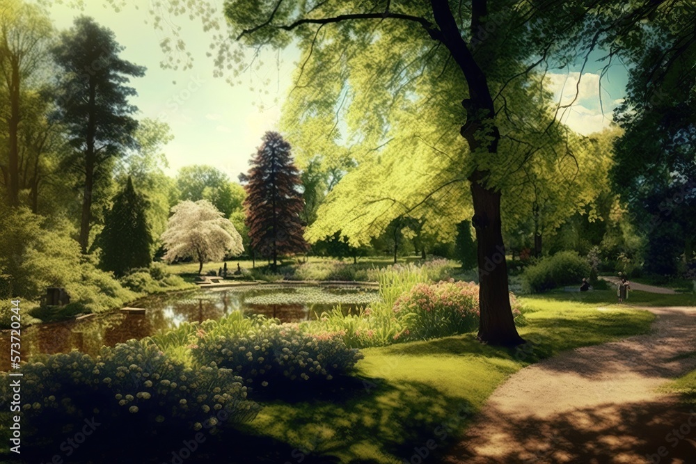 Fototapeta premium View of city park in woodland garden style, concept of Naturalistic Planting and Symmetrical Design, created with Generative AI technology