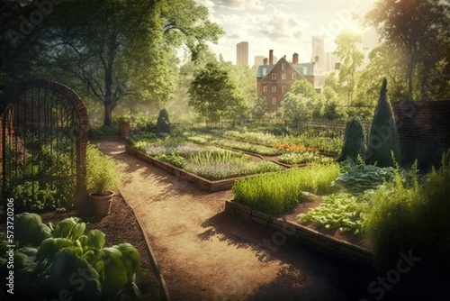 View of city park in kitchen garden style, concept of Organic Gardening and Urban Gardening, created with Generative AI technology