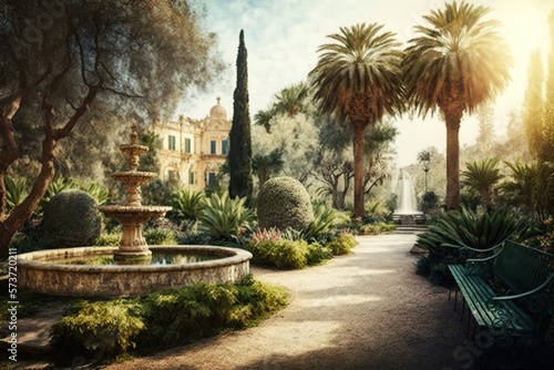 View of city park in mediterranean garden style, concept of Gardening and Mediterranean Climate, created with Generative AI technology