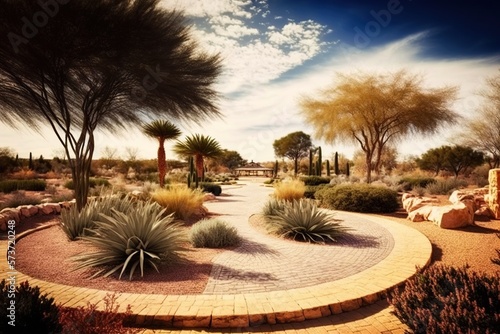 View of city park in xeriscape garden style, concept of Xeriscaping and Drought-tolerant, created with Generative AI technology photo