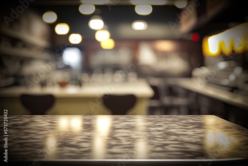 Empty Countertop Backdrop with Blurred Restaurant Background (Created with Generative AI) © JJAVA
