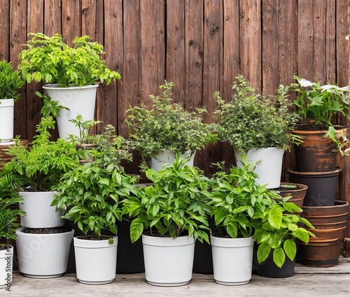 green plants in pots on wooden background © ozun