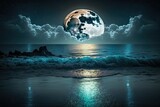 The oceanscape, illuminated by the moon. Full moon shining brightly over the ocean. Generative AI