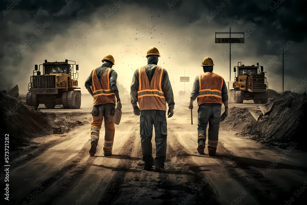 Tired Road Construction Workers at the End of a Long Work Day (Generative AI) Tired Road Construction Workers at the End of a Long Work Day (Generative AI)