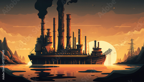 oil platform power plant sunset Generative AI, Generativ, KI 