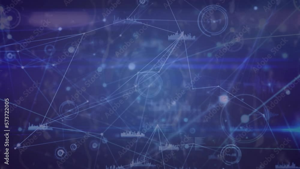 Animation of network of connections and data processing against light trails on blue background Animation of network of connections and data processing against light trails on blue background