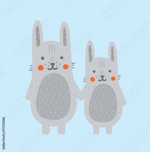Cute rabbits concept. Grey animals, mother and child. Forest dwellers, tenderness and love, care. Sticker for social networks and messengers. Cartoon flat vector illustration