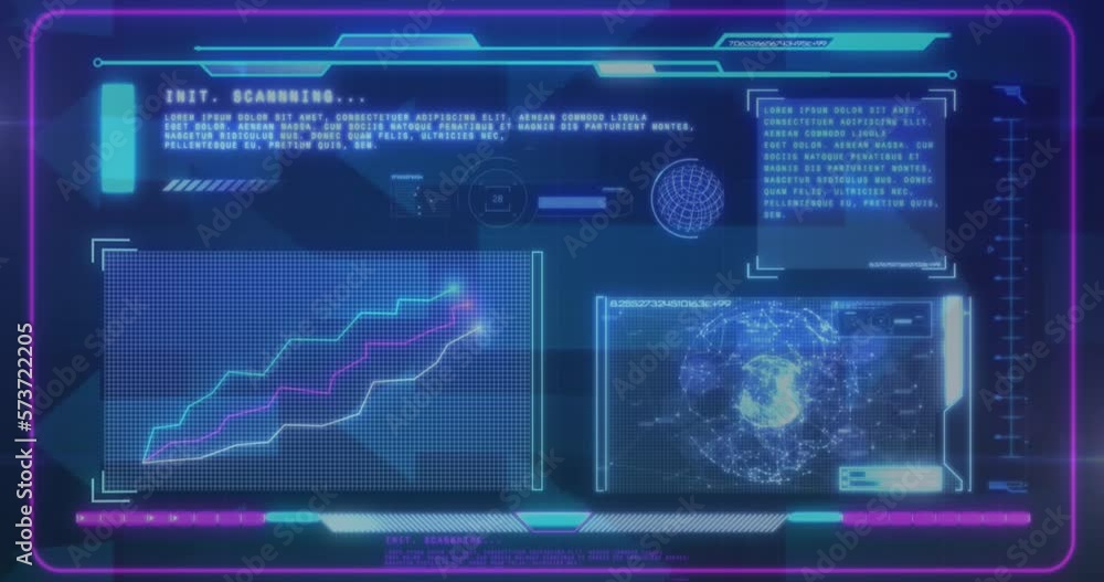 Animation of interface with data processing over multiple arrow icons moving against blue background Animation of interface with data processing over multiple arrow icons moving against blue background