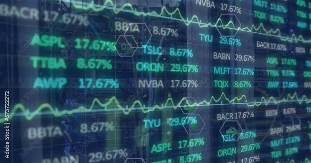 Animation of digital icons and stock market data processing against computer server room Animation of digital icons and stock market data processing against computer server room