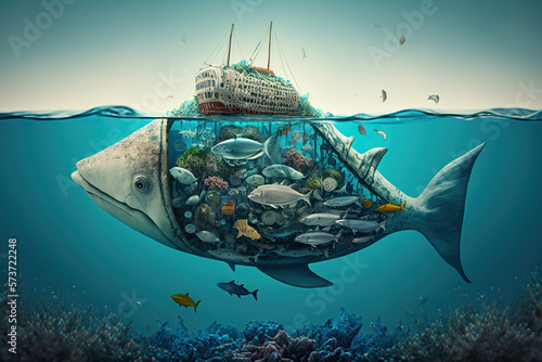 Overfishing and depletion of ocean resources, concept of Pollution and Habitat Loss, created with Generative AI technology photo