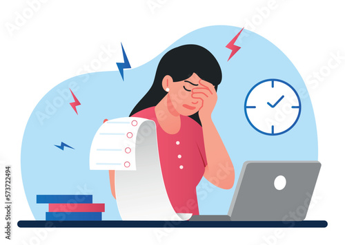 Busy person at workplace. Woman with to do list sits at laptop, young girl in office. Overworked employee with emotional burnout. Deadline pressure, panic and stress. Cartoon flat vector illustration