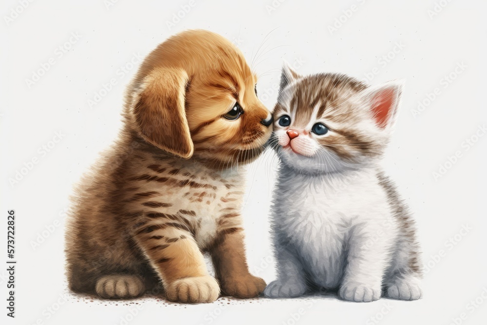 Fototapeta premium Isolated white backdrop with a cute puppy kissing a cute tabby kitten. Generative AI