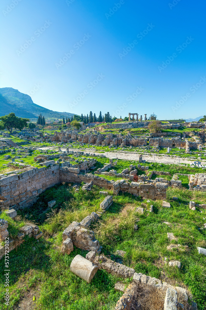 Temple of Apollo in Ancient Corinth, Peloponnese peninsula, Greece.