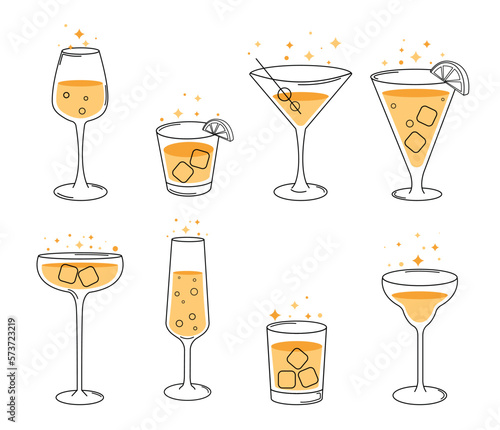 Glasses with alcoholic drinks set. Collection of graphic elements for website. Iced cocktails with fruits, symbol of summer season. Cartoon flat vector illustrations isolated on white background