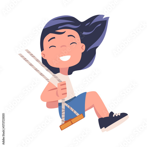 Happy little girl swinging on rope swing cartoon vector illustration