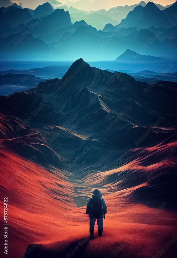 silhouette of a person in the mountains. man and majestic mountains