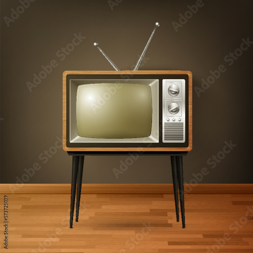 Vector 3d Realistic Brown Wooden Retro TV Receiver on Wooden Floor. Home Interior Design Concept. Vintage TV Set, Television, Front View