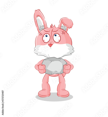 pink bunny lifting rock cartoon character vector