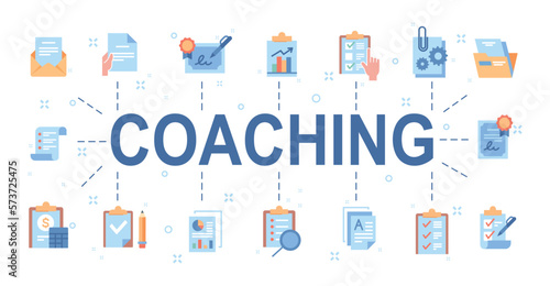 Coaching banner concept. Education and training, selfdevelopment. Motivation and leadership, business processes. Icon collection with time management, goal setting. Cartoon flat vector illustration
