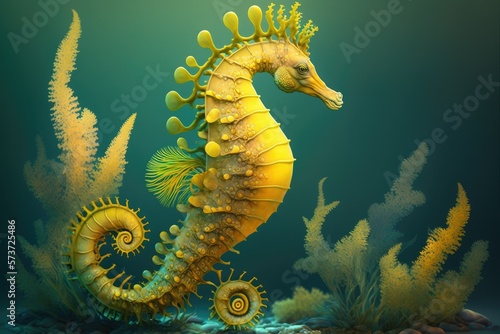 In the tropics, a lovely Thorny Seahorse stands out in its bright yellow color. Generative AI