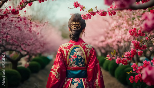 Asian woman in kimono in scenic cherry blossom garden, sakura in Japan. digital ai art © Viks_jin
