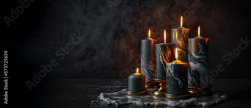 Burning candles on floor in darkness with space for text. Funeral concept. Deepest sympathy card. digital ai art
