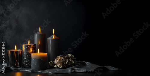 Burning candles on floor in darkness with space for text. Funeral concept. Deepest sympathy card. digital ai art