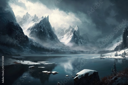 A foggy  foreboding alpine landscape complete with a lake and towering snow capped mountains. Dramatic overcast and heavy fog blanket a large  snowy mountain range. Rain falling on rocky mountains cov