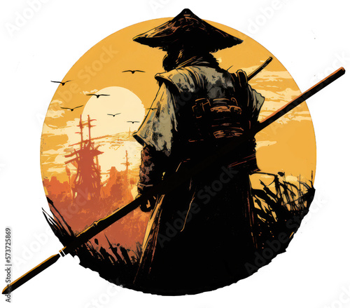 Samurai warrior foot soldier silhouette with yari japanese spear in front of grass and an orange and gold sunset sky, ai.  photo