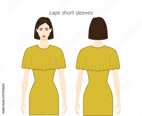 Cape sleeves clothes Circular, butterfly, Flutter, Capelet short length lady technical fashion illustration with fitted body. Flat apparel template front, back sides. Women, men unisex CAD mockup