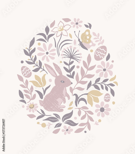 Floral rabbit greeting card. Scandinavian style. Easter pastel neutral background. Vector illustration.