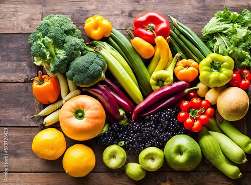 fresh vegetables and fruits on a wooden background. top view.