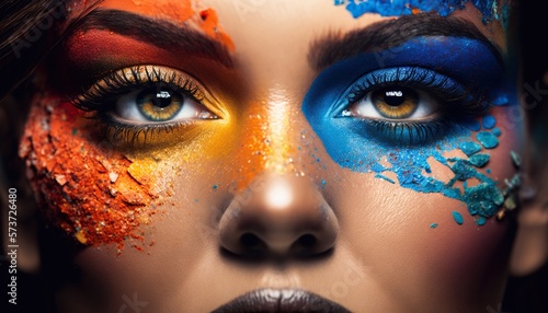 Close up shot female eyes colorful makeup, eyeshadow and glitter. Generative AI