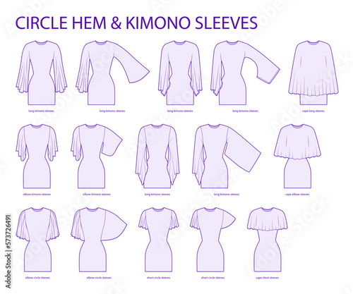 Set of circle hem and kimono sleeves short, elbow, 3-4 and long length clothes technical fashion illustration with fitted body. Flat apparel template front side. Women, men unisex CAD mockup