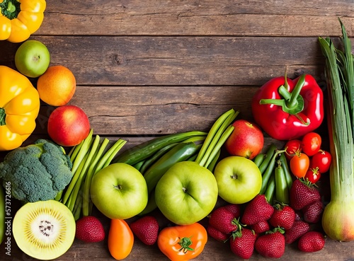 fresh vegetables and fruits on a wooden background. top view.