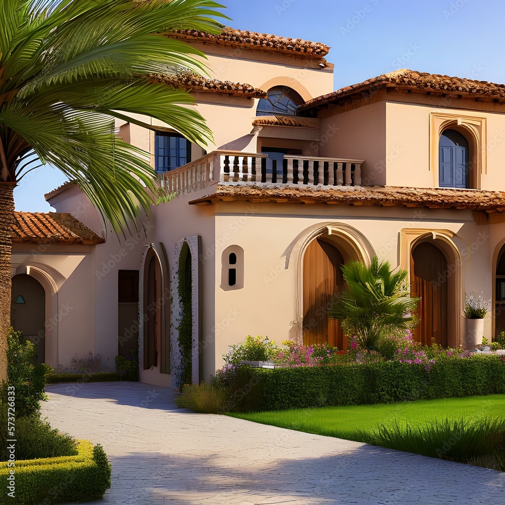 Image of a neo-mediterranean house with a stucco exterior and a tile roof 2_SwinIRGenerative AI