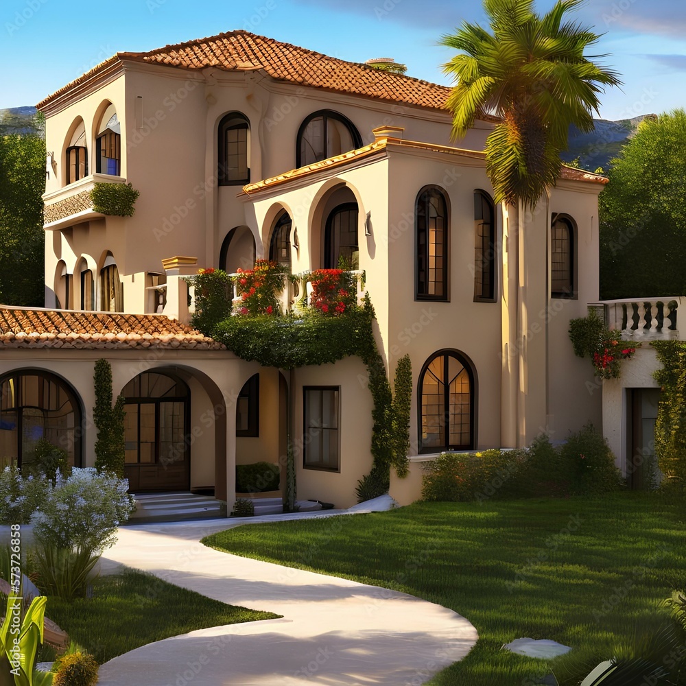 Image of a neo-mediterranean style house built on a sloped lot with a tiered backyard 2_SwinIRGenerative AI