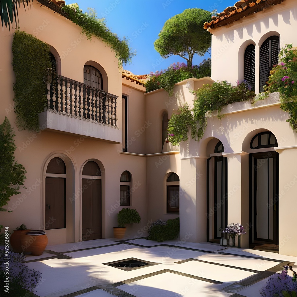Image of a neo-mediterranean style house that is L-shaped with a side courtyard 2_SwinIRGenerative AI